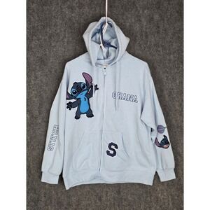 Disney Stitch Zip Up Hoodie Ohana Blue Embroidered Cartoon Womens Sz L Animation